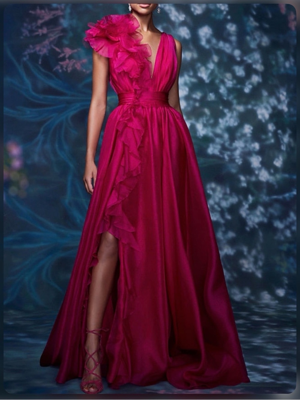 One-Shoulder Raspberry Ruffle Evening Gown